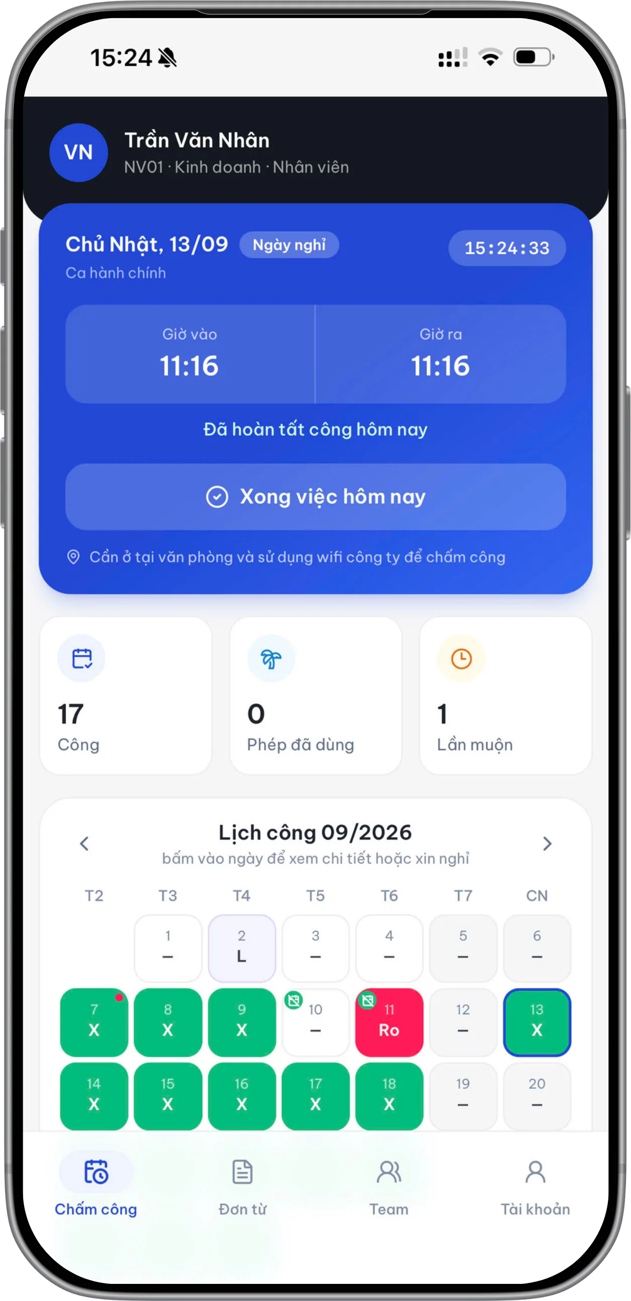 Chấm công trên App hiển thị trên ứng dụng HRM